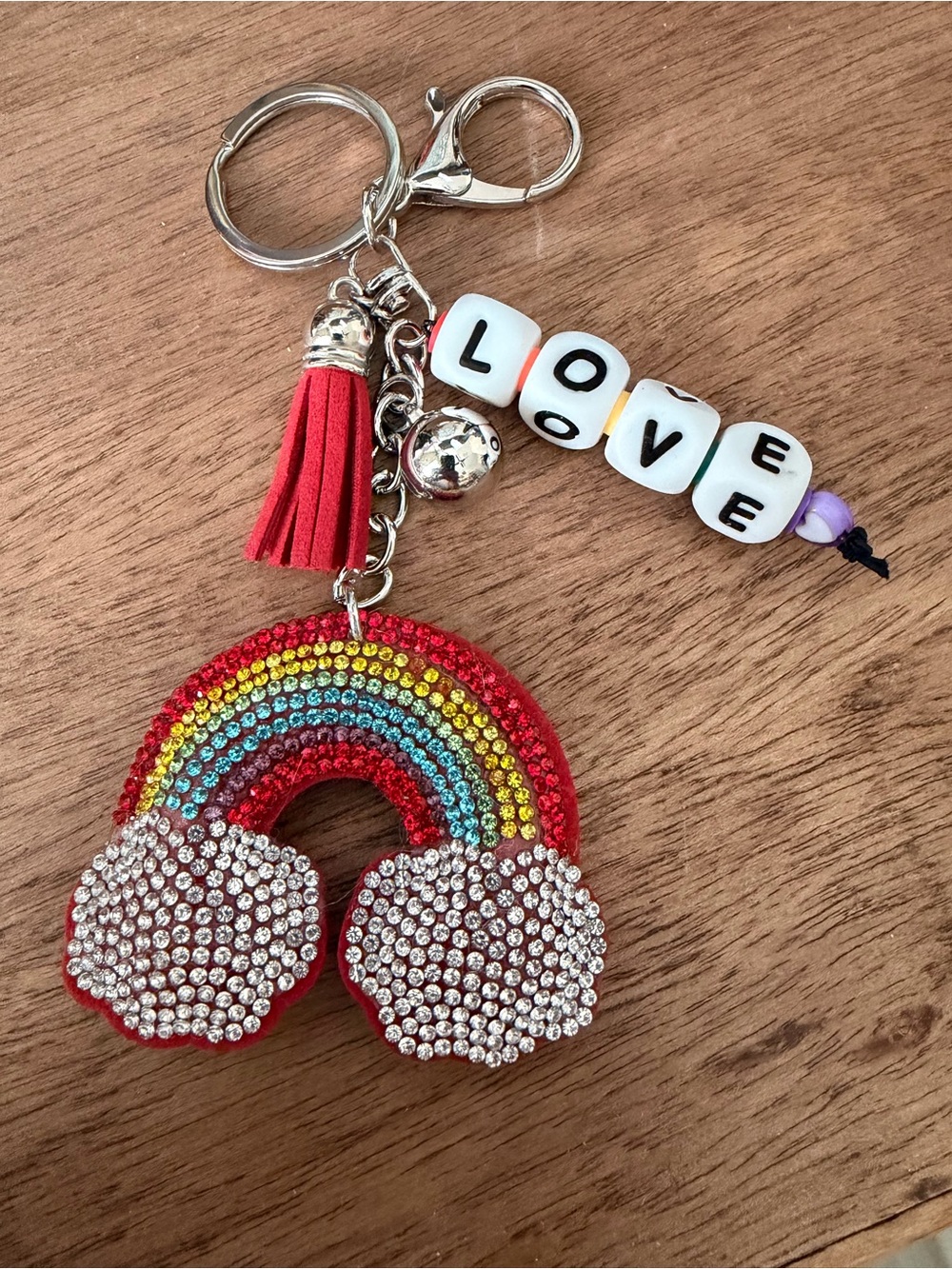 Rainbow Rhinestone Keychain LOVE Beaded Tassel Charm Bag Accessory - Picture 2 of 2